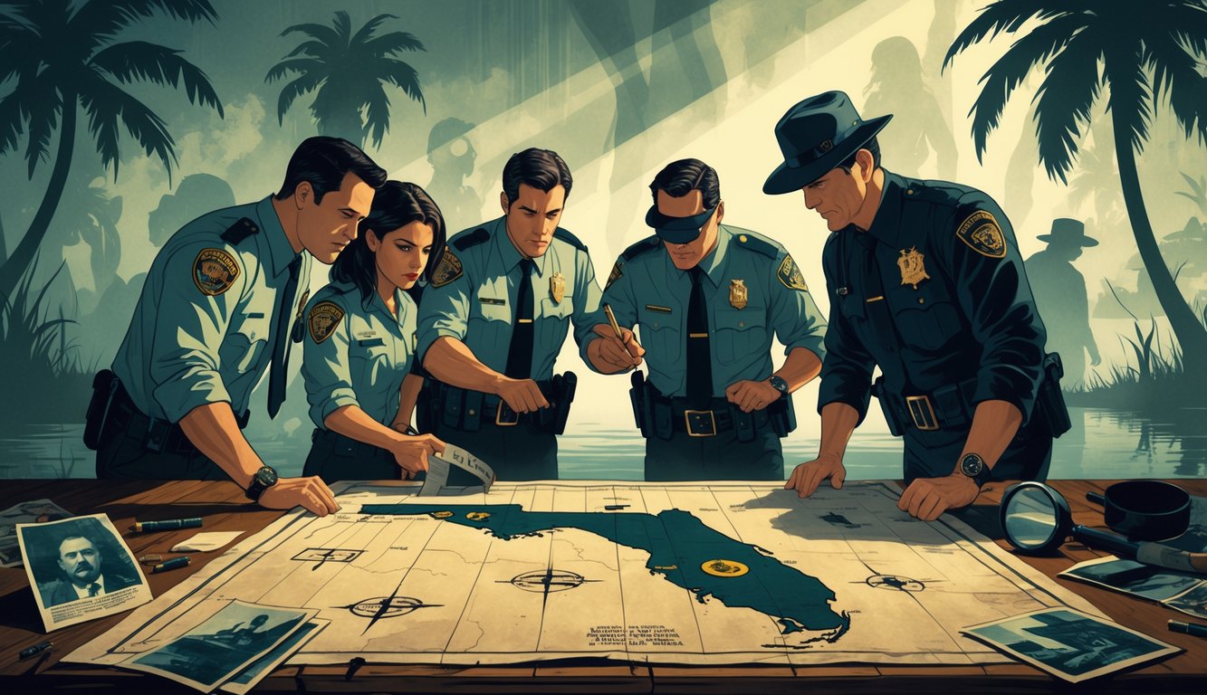 Detectives and officers examining a detailed map of Florida surrounded by symbols and historical artifacts, with palm trees and swamps in the background suggesting unsolved mysteries.