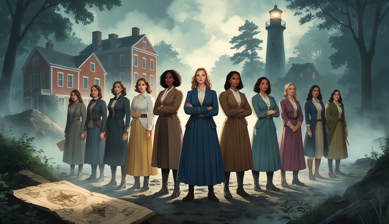 A group of women standing together in front of Delaware landmarks surrounded by mist and historical elements suggesting mystery.