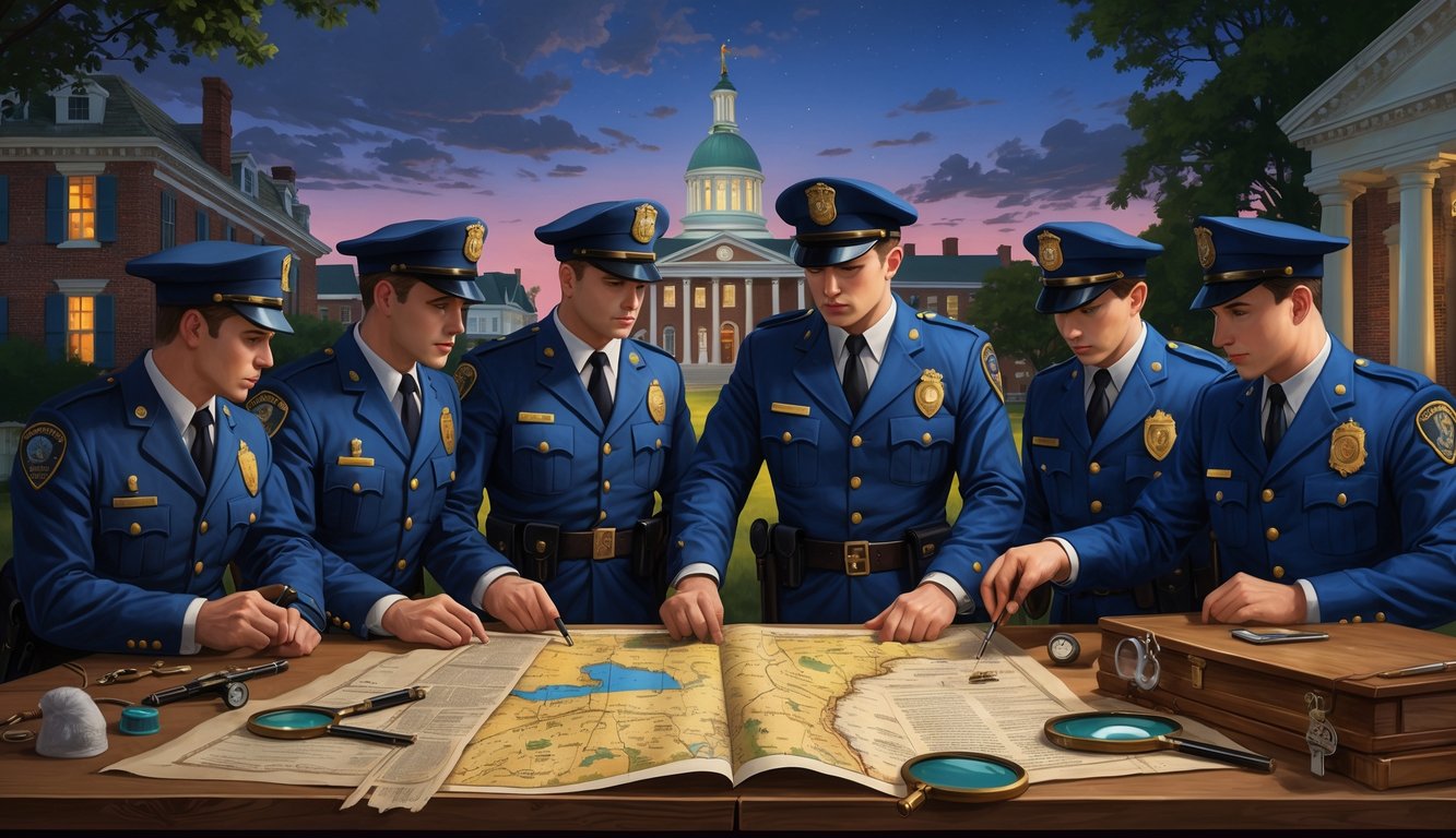 Delaware State Police officers examining maps and historical documents around a table with Delaware landmarks in the background, working together to solve historical mysteries.