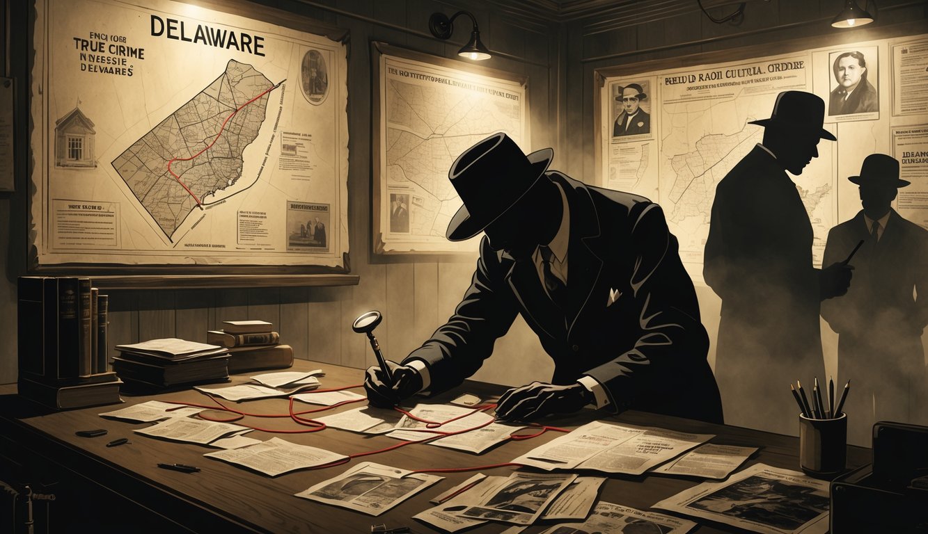 A detective's office with maps, photos, and notes connected by red string, showing a figure examining evidence related to Delaware's historical true crime mysteries.