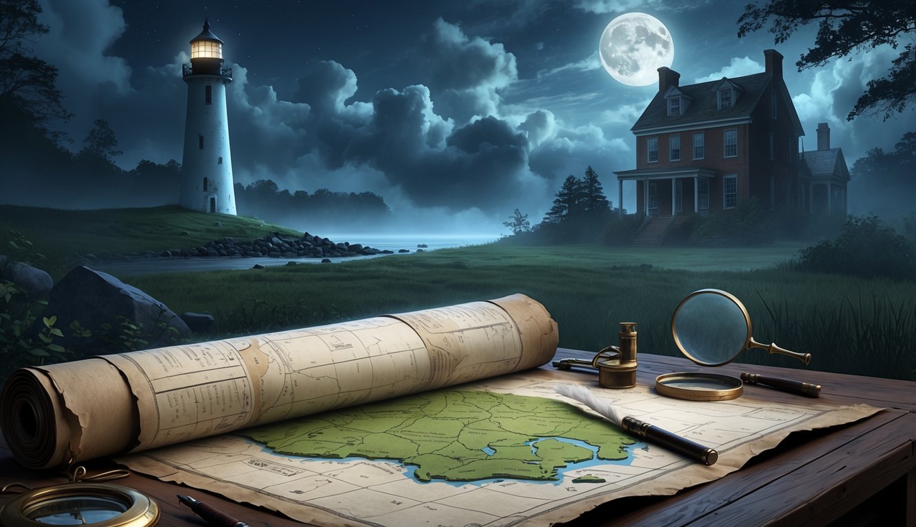 A twilight Delaware landscape showing a colonial lighthouse, an ancient burial mound in a forest, and an abandoned brick mansion, with a weathered map and historical artifacts on a wooden table in the foreground.