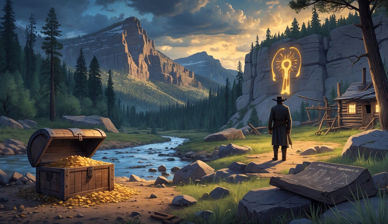 A rugged Idaho landscape with mountains, forests, a buried treasure chest, ancient petroglyphs on rocks, an abandoned mining cabin, and a shadowy figure suggesting historical mysteries.