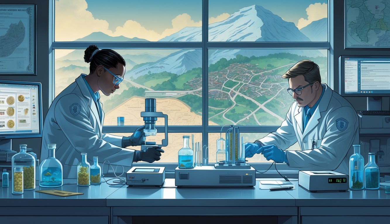 Scientists and detectives working in a forensic lab using advanced technology to investigate cold cases connected to Georgia's historical landmarks.