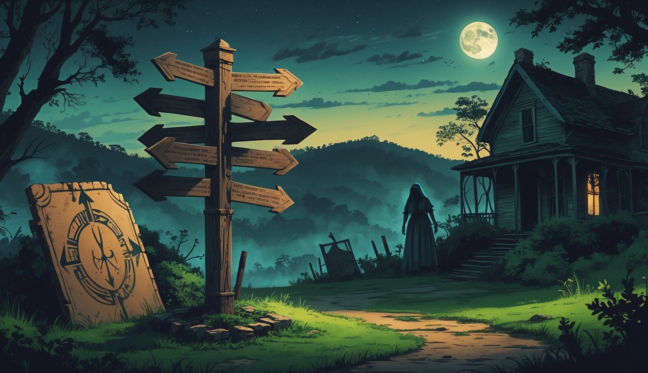 A small Georgian town scene with a wooden signpost surrounded by a ghostly woman, ancient artifact, abandoned plantation house, and mossy forest under a full moon.