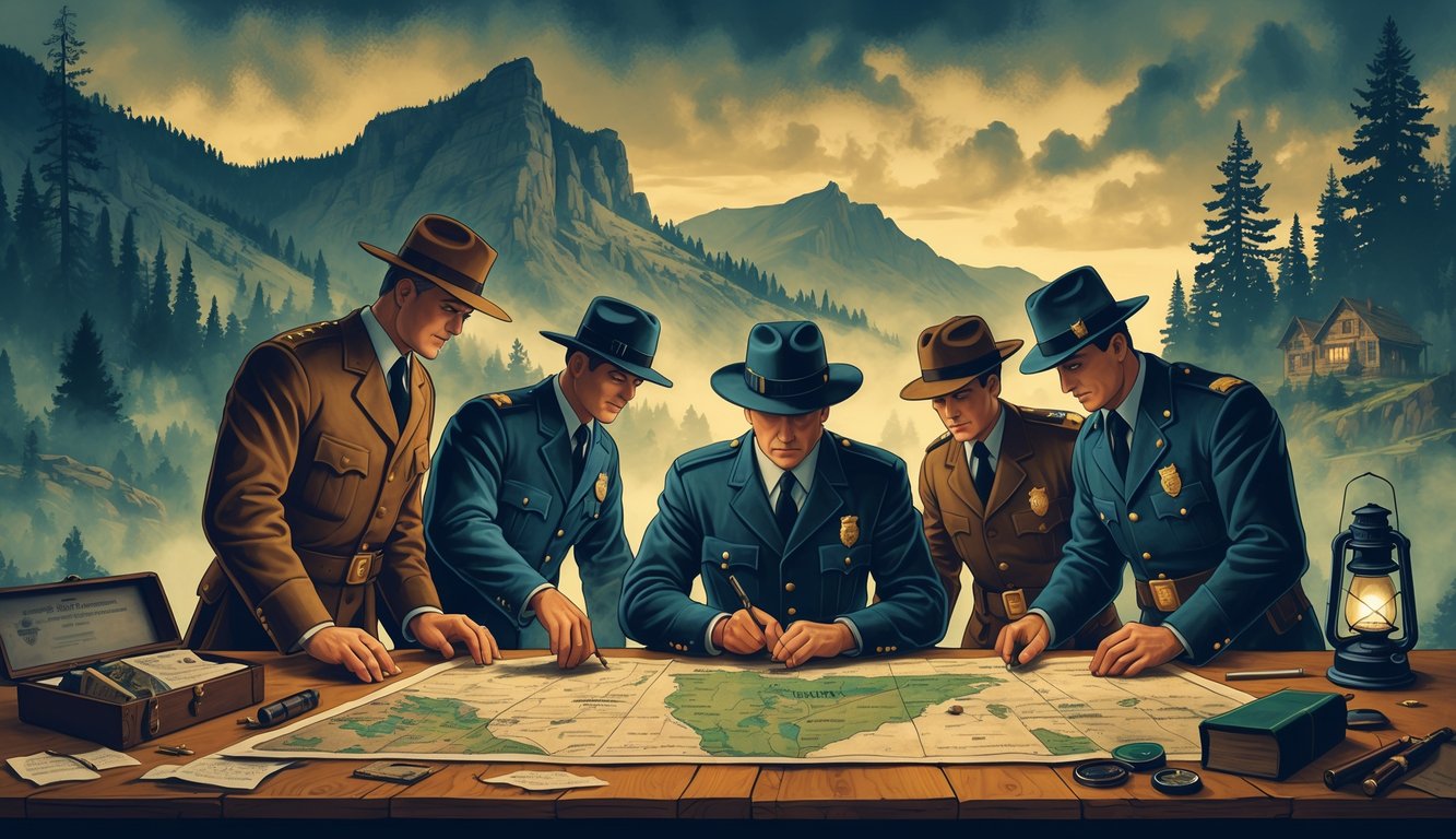 Detectives and officers examining maps and clues at a table with Idaho mountains and forest in the background, suggesting investigation of historical mysteries.