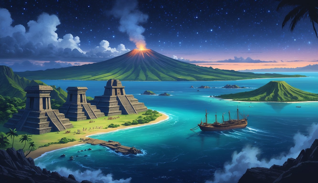 A panoramic view of Hawaiian islands with ancient stone temples, petroglyphs on volcanic rocks, shadowy figures in traditional clothing, a glowing volcano, and a partially sunken shipwreck in the ocean under a twilight sky.