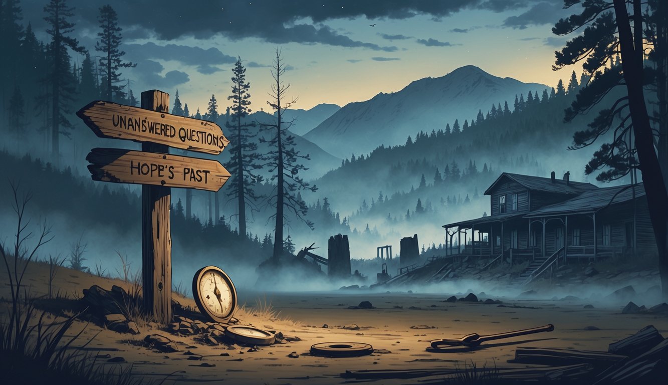 A foggy Idaho landscape at twilight with mountains, pine forests, an old wooden signpost with symbols, ancient artifacts in the ground, ghostly silhouettes, and an abandoned mining town in the background.