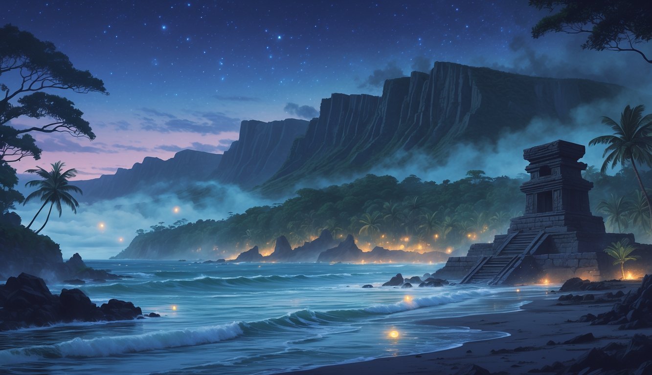 A misty Hawaiian coastline at twilight with ghostly figures near an ancient temple, volcanic mountains, and glowing lights over the ocean.