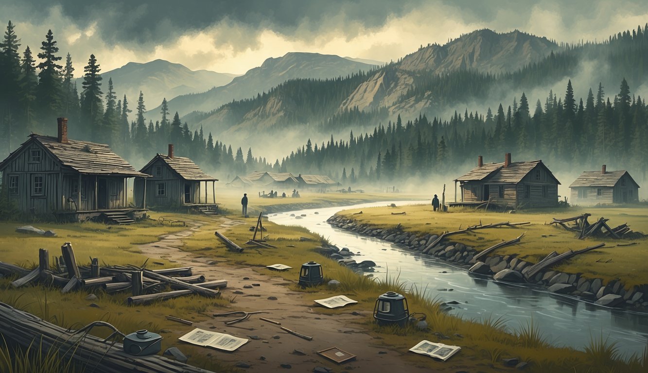 An abandoned old settlement in a misty Idaho forest with mountains in the background, showing weathered cabins, broken fences, and scattered historical artifacts near a winding river.