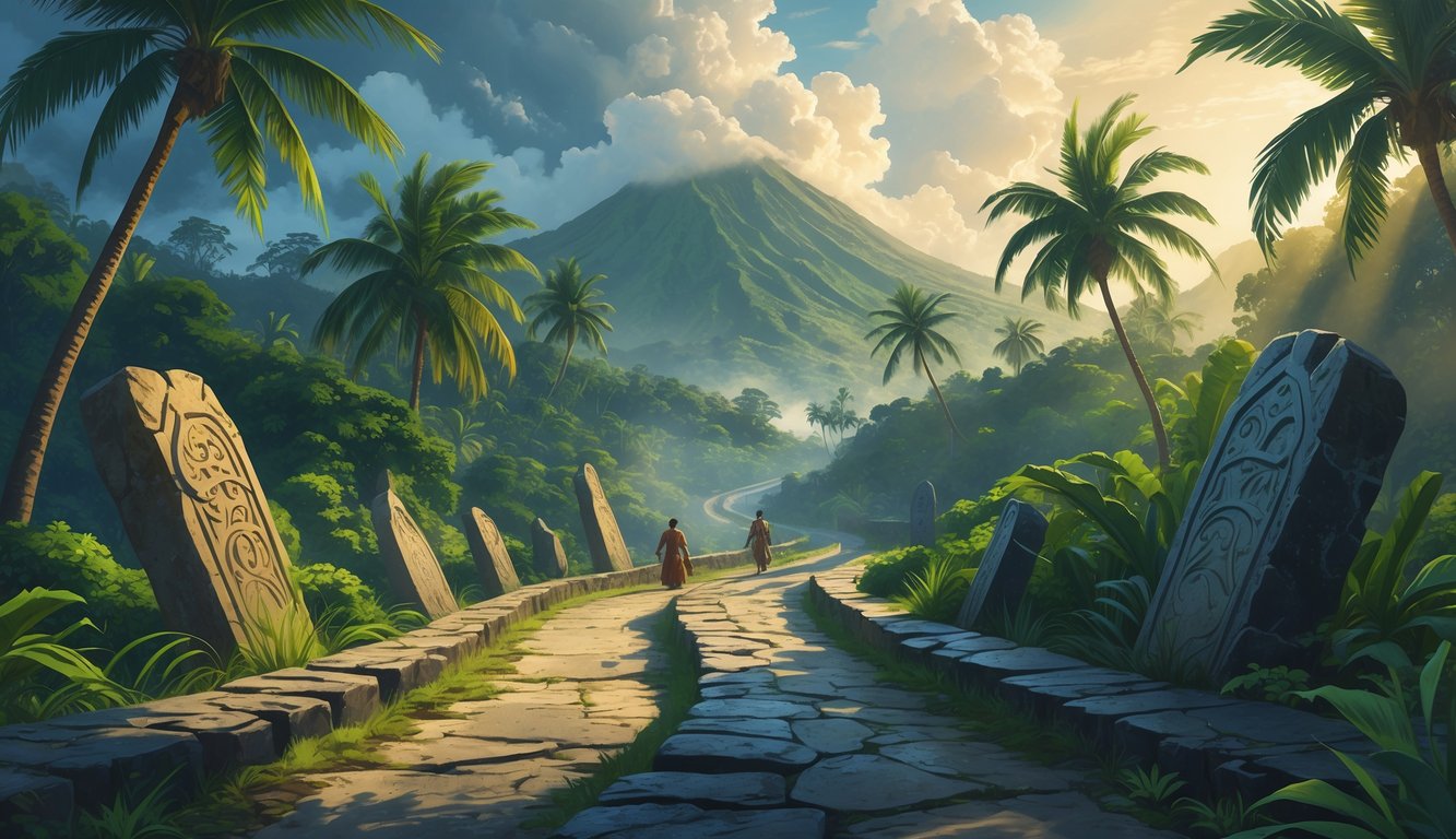 A winding ancient stone pathway through dense tropical jungle with stone markers and carvings, volcanic mountains in the background, and shadowy figures exploring the scene.