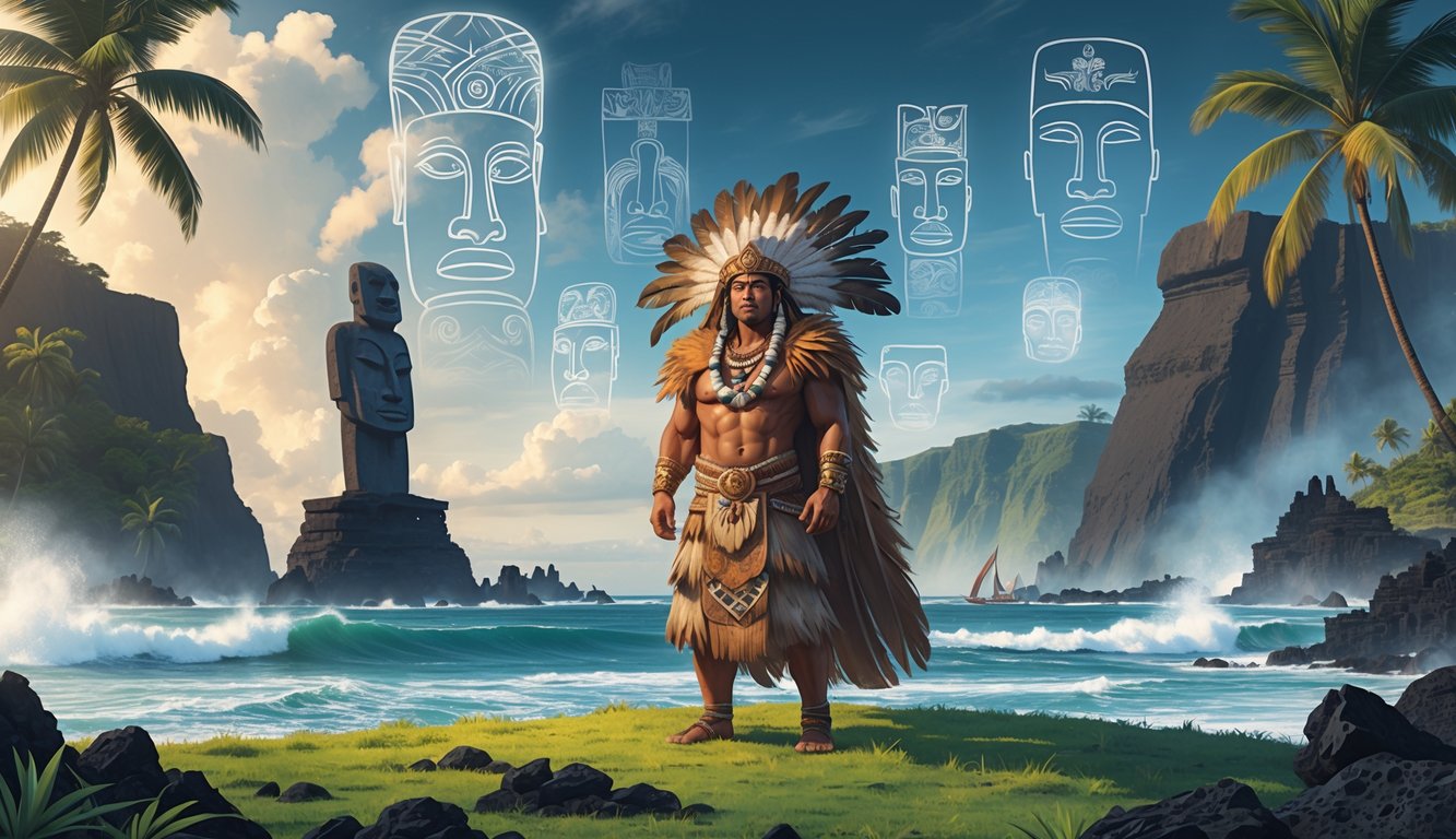 A Hawaiian chief stands on a volcanic landscape surrounded by ancient artifacts, mythical creatures, and a traditional canoe near the ocean under a sky transitioning from day to twilight.