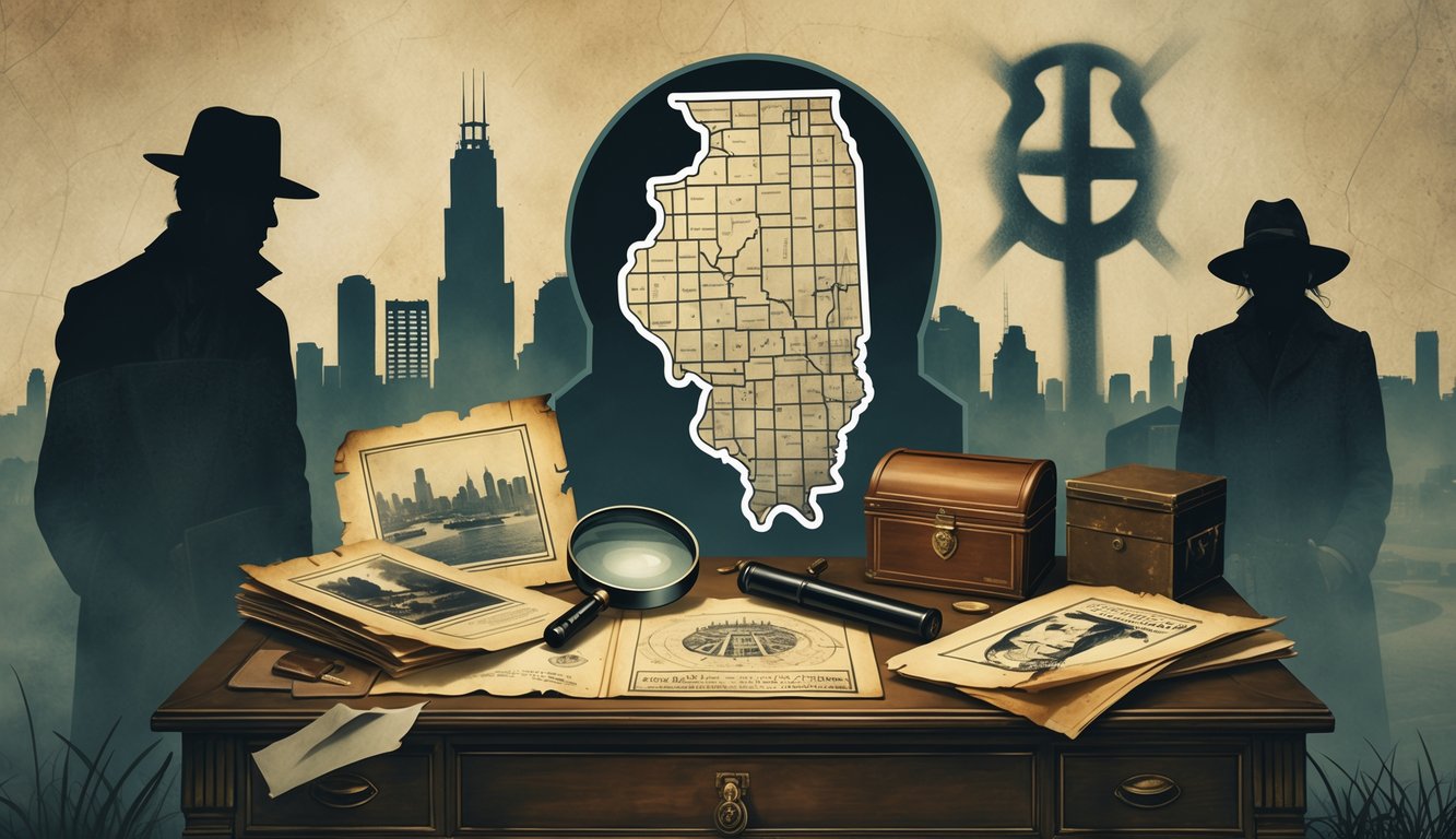 A desk with old case files, a magnifying glass, an ancient map of Illinois, and mysterious objects, surrounded by ghostly figures and scenes representing historical mysteries in Illinois.