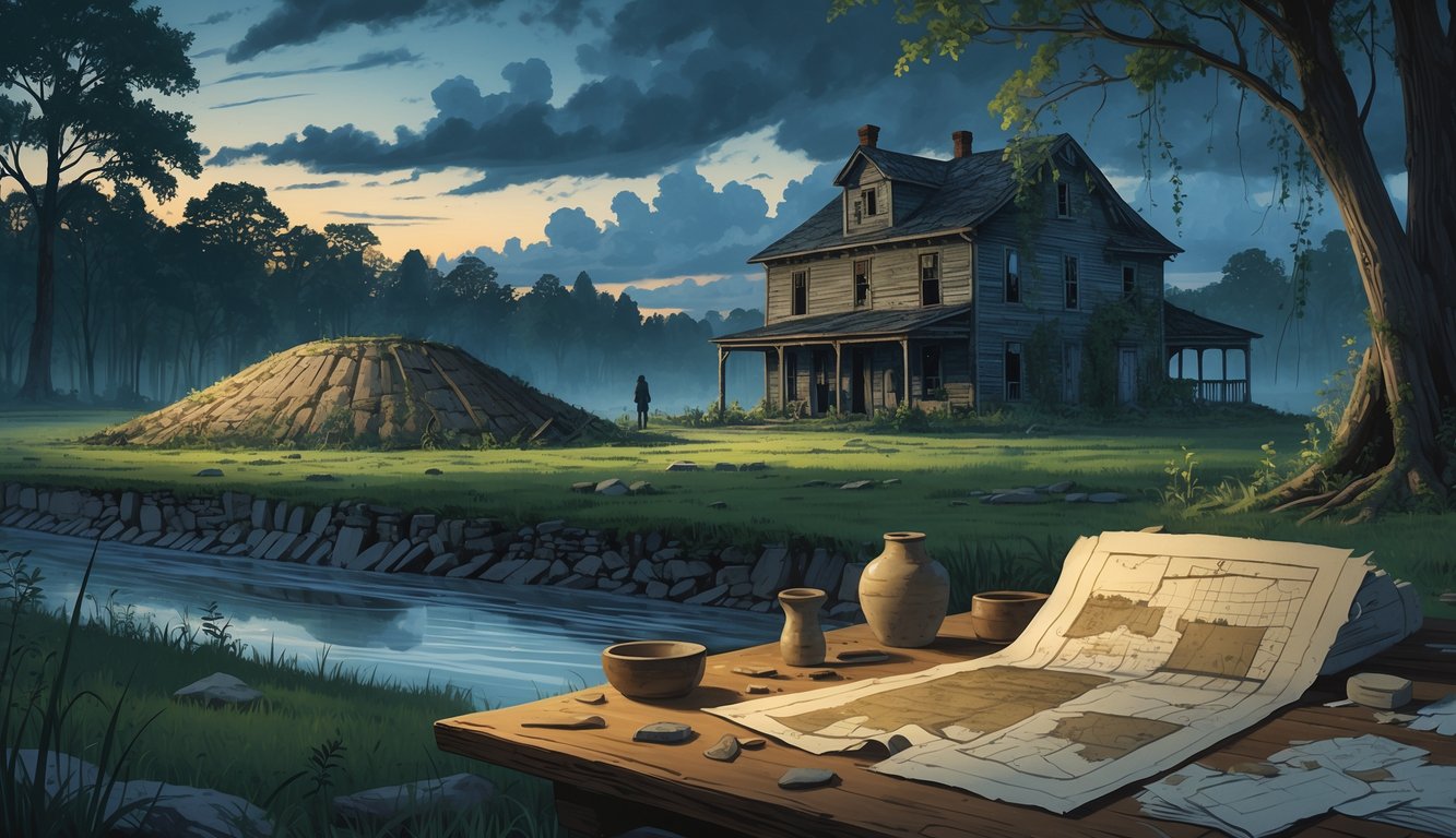 A collage showing an ancient burial mound, an abandoned farmhouse, a shadowy figure by a river, and old artifacts on a table, all set in a twilight rural Iowa landscape.