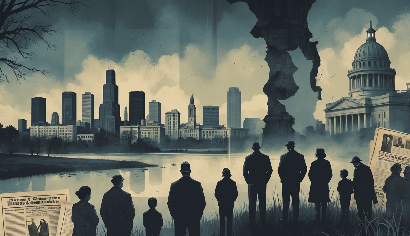 A group of diverse people gathered with concerned expressions in front of Illinois landmarks, surrounded by faint images of missing persons and old case files, symbolizing the impact of unsolved historical mysteries on the community.