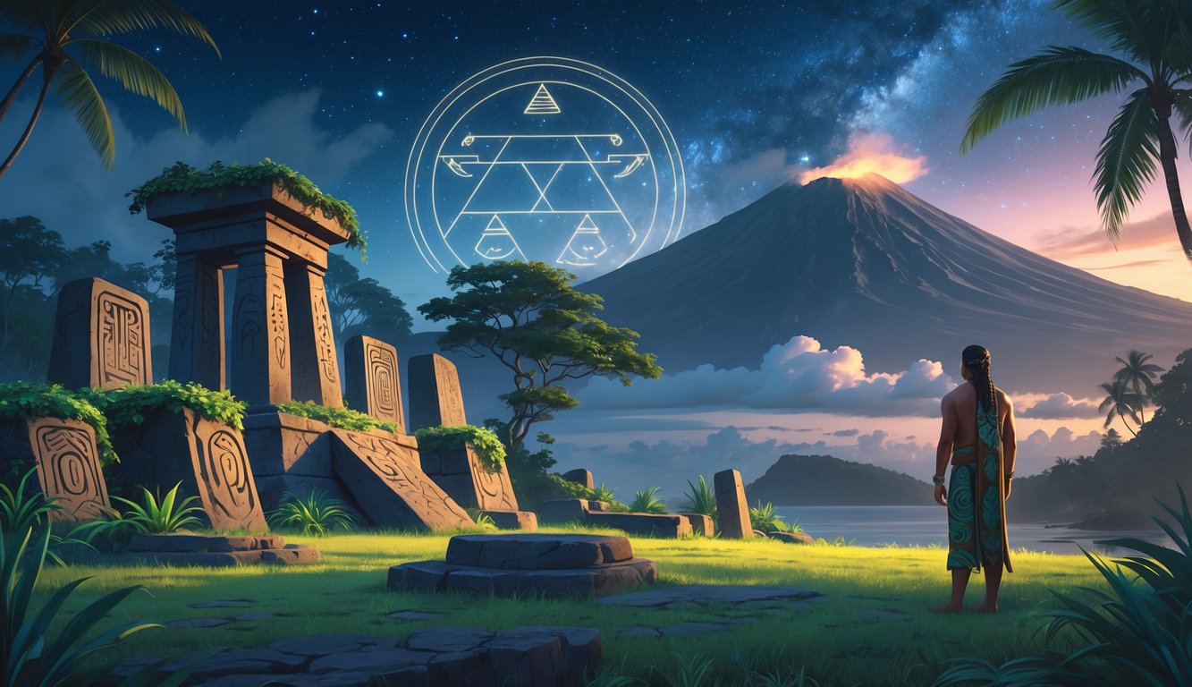 A Hawaiian landscape at twilight with ancient stone structures surrounded by tropical plants, a volcano in the background under a starry sky, and a person in traditional clothing looking toward the horizon.