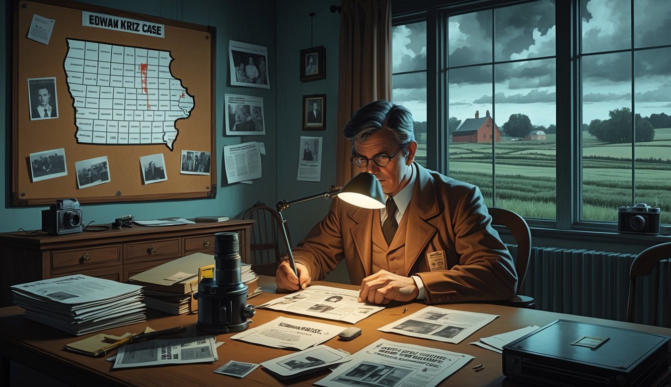 A detective studies evidence in a dimly lit investigation room with a map of Iowa and case files related to an unsolved cold case.