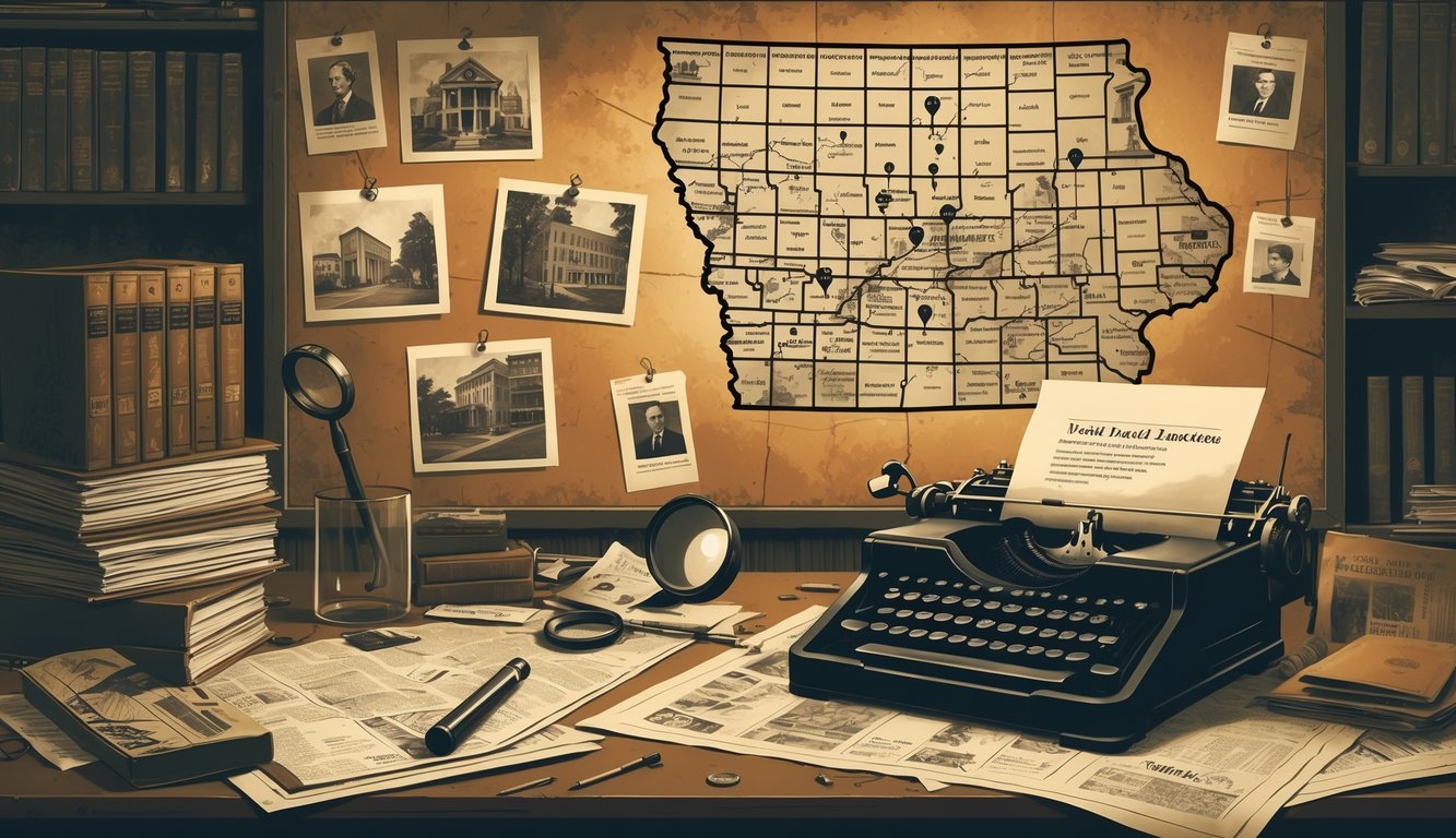 A detective's desk with old case files, photographs, maps of Iowa with markers, and investigative tools representing historic unsolved mysteries in Iowa.