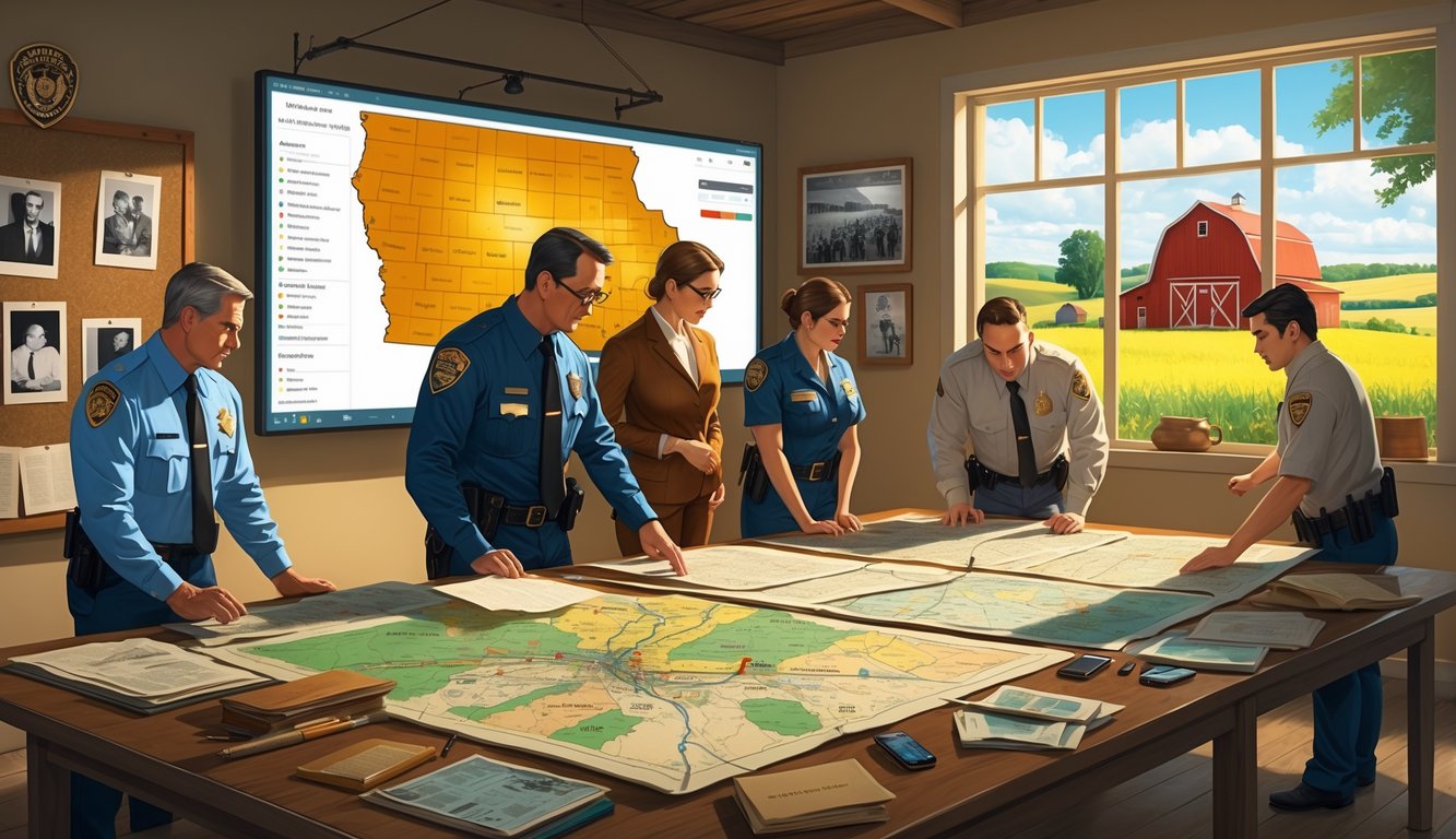 A group of detectives examining maps and historical documents in a room with a large digital map of Iowa showing crime locations, with a view of rural Iowa outside the window.