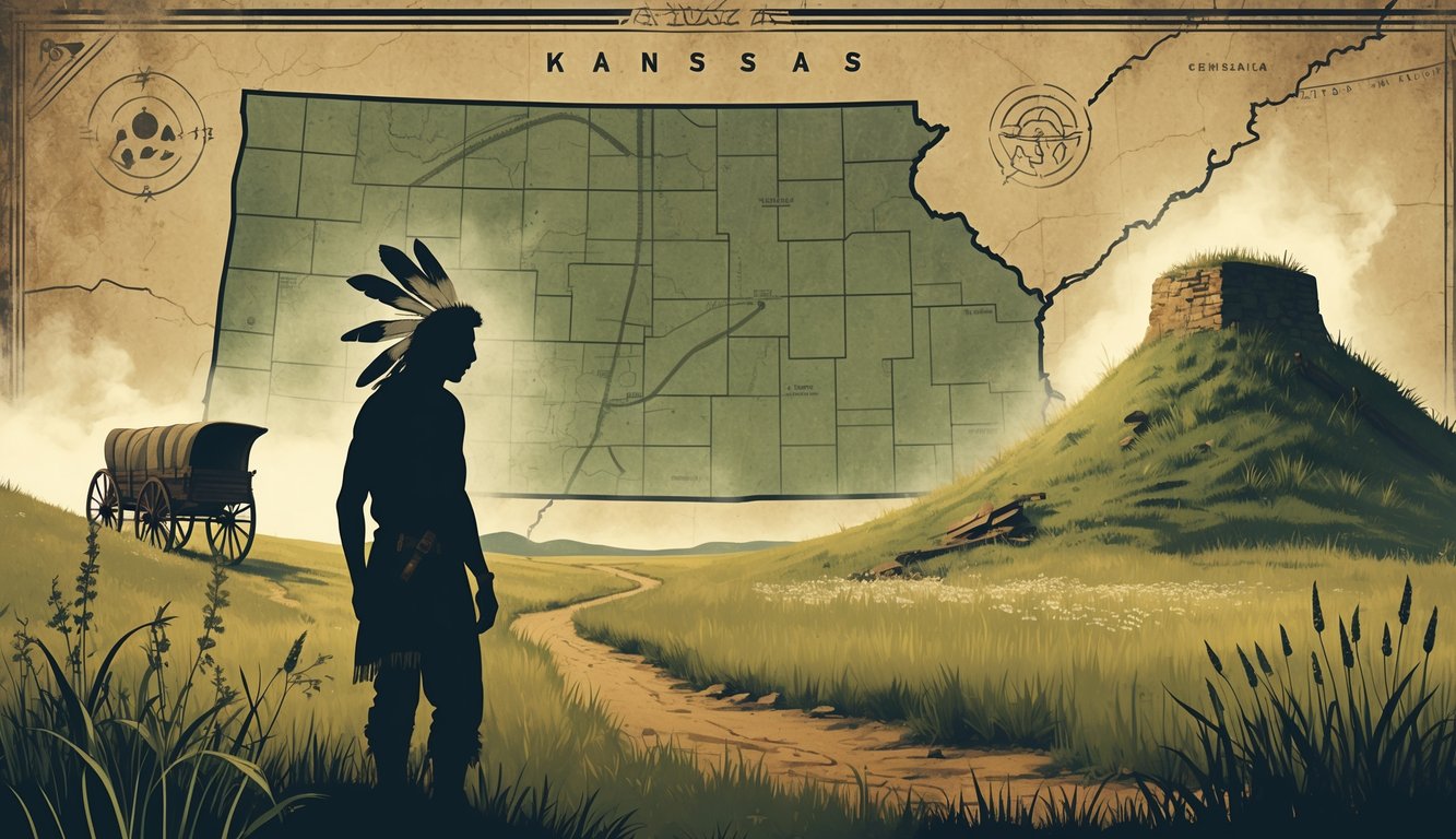 A collage showing a Kansas map with mysterious symbols, a Native American tracker, a covered wagon on a prairie trail, an ancient burial mound, and glowing lights in the sky.