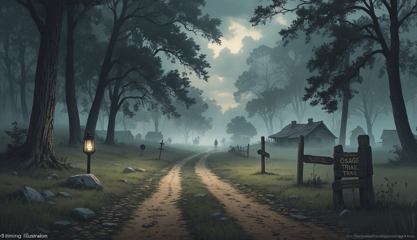A foggy dirt trail winding through a dense forest with old wooden signposts and faint outlines of cabins and artifacts in the background, evoking a mysterious historical scene.
