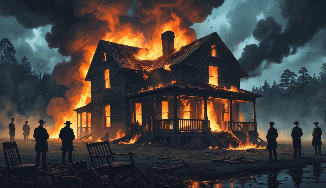A large wooden house on fire with smoke rising, surrounded by people watching in shock, set in a rural forested area.