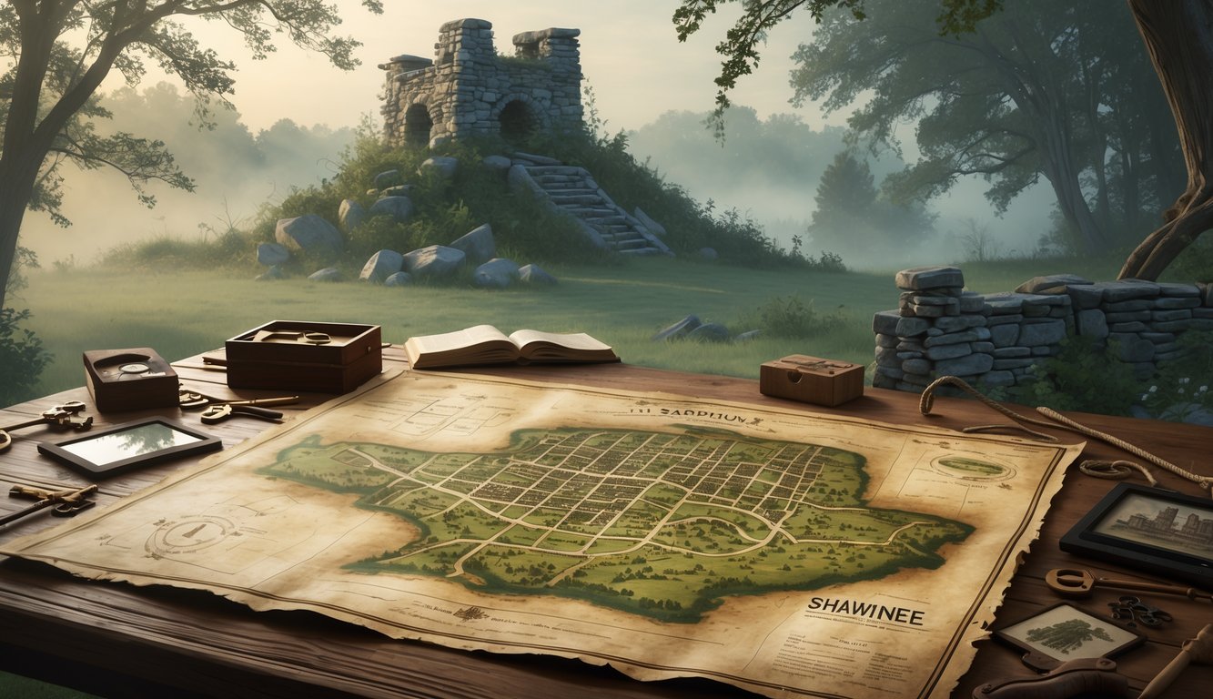 A table with an old map of Shawnee surrounded by historical artifacts, with a misty background showing historic buildings and a stone puzzle structure in a wooded landscape.