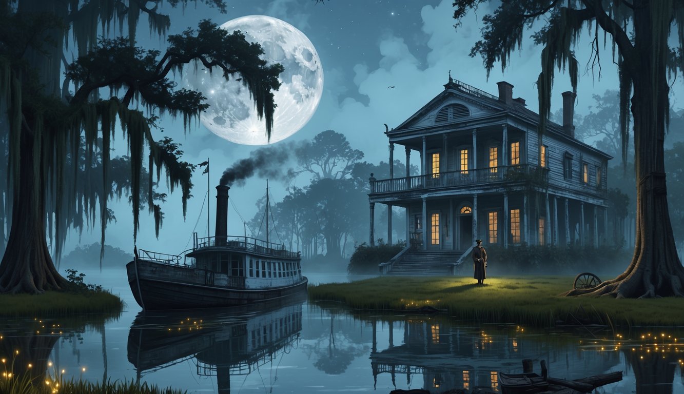 A foggy Louisiana bayou at twilight with a partially submerged steamboat, a shadowy figure near an old plantation mansion, and ancient burial mounds in the background.