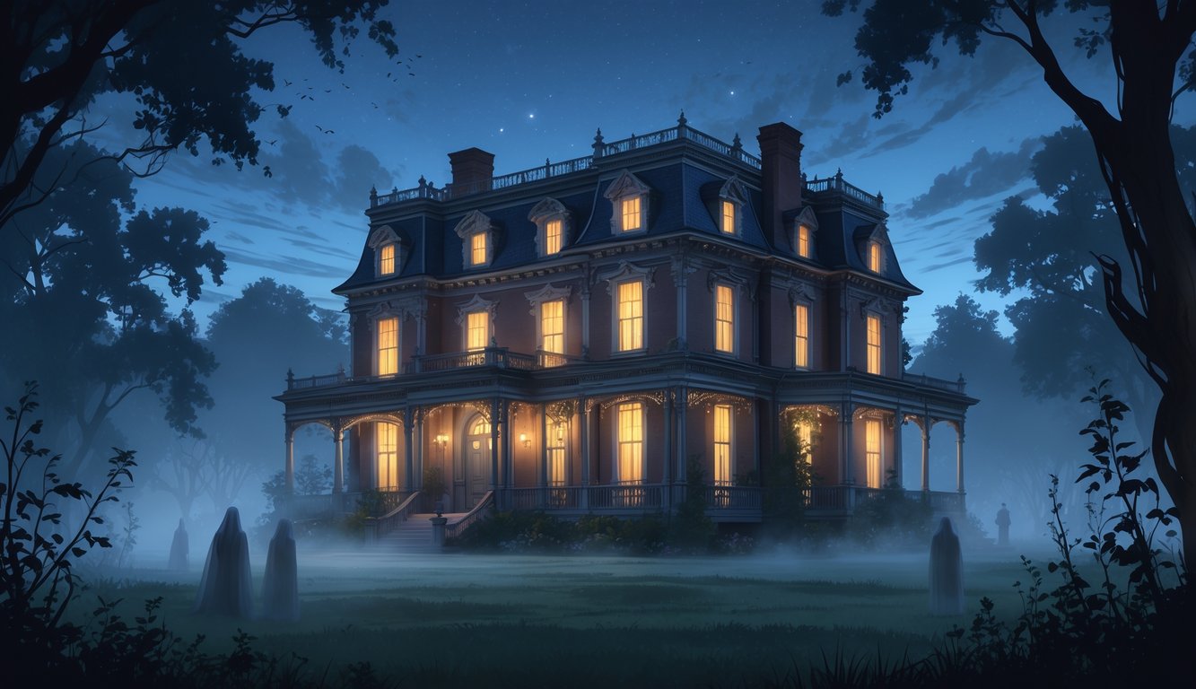 A grand Victorian mansion at dusk surrounded by misty gardens and shadowy trees, with faint ghostly figures appearing near the building.