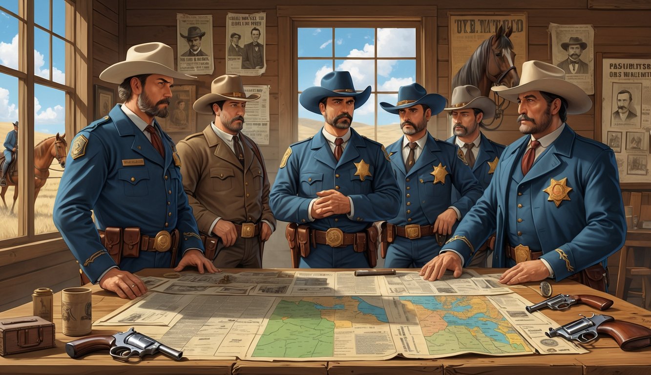A group of 19th-century lawmen and sheriffs in a rustic office examining maps and evidence related to unsolved crimes in Kansas.