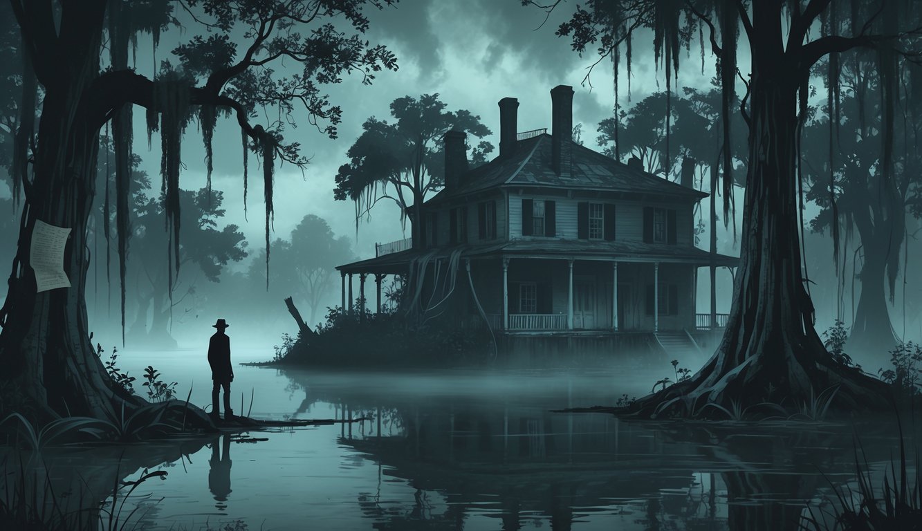 A foggy Louisiana bayou at dusk with cypress trees, an abandoned plantation house, a shadowy figure, and mysterious elements suggesting unsolved disappearances and mysteries.