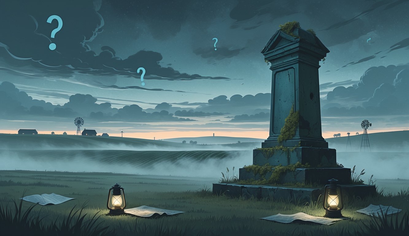 A foggy Kansas landscape at twilight with wheat fields, an old stone monument, faint ghostly figures, and scattered historical artifacts under a cloudy sky.