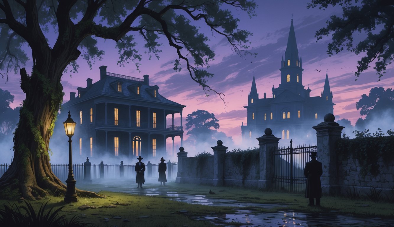 A foggy scene showing an old plantation mansion, moss-covered trees, historic cathedral, and shadowy figures near a stone wall, evoking mystery in a Louisiana historic site.