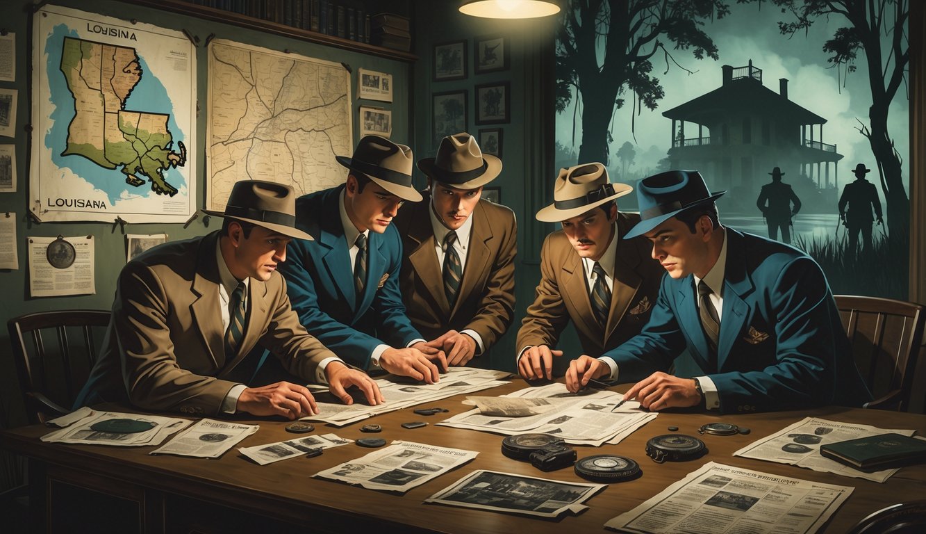 Detectives examining clues in a vintage office with maps and photographs related to Louisiana's historical mysteries, with Louisiana landmarks visible in the background.