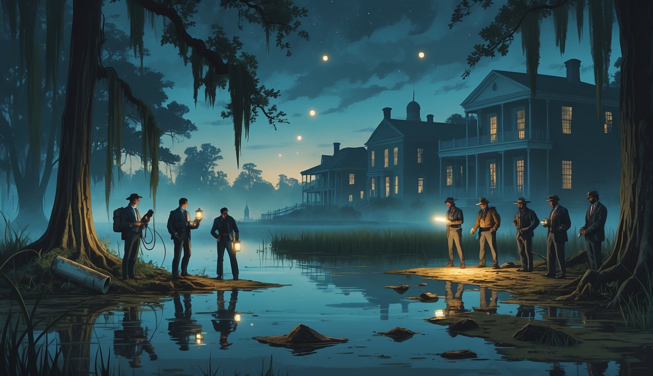 A group of people exploring a foggy Louisiana bayou at twilight with ancient trees, glowing orbs, historic buildings in the background, and mysterious artifacts on the ground.