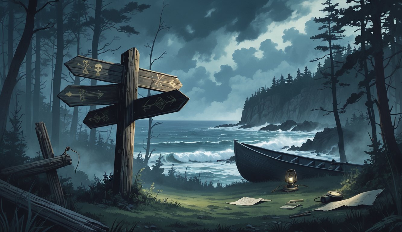 A misty pine forest near a rocky Maine coastline at twilight with an old wooden signpost, an abandoned rowboat, and faint ghostly silhouette among the trees, suggesting mystery and disappearance.