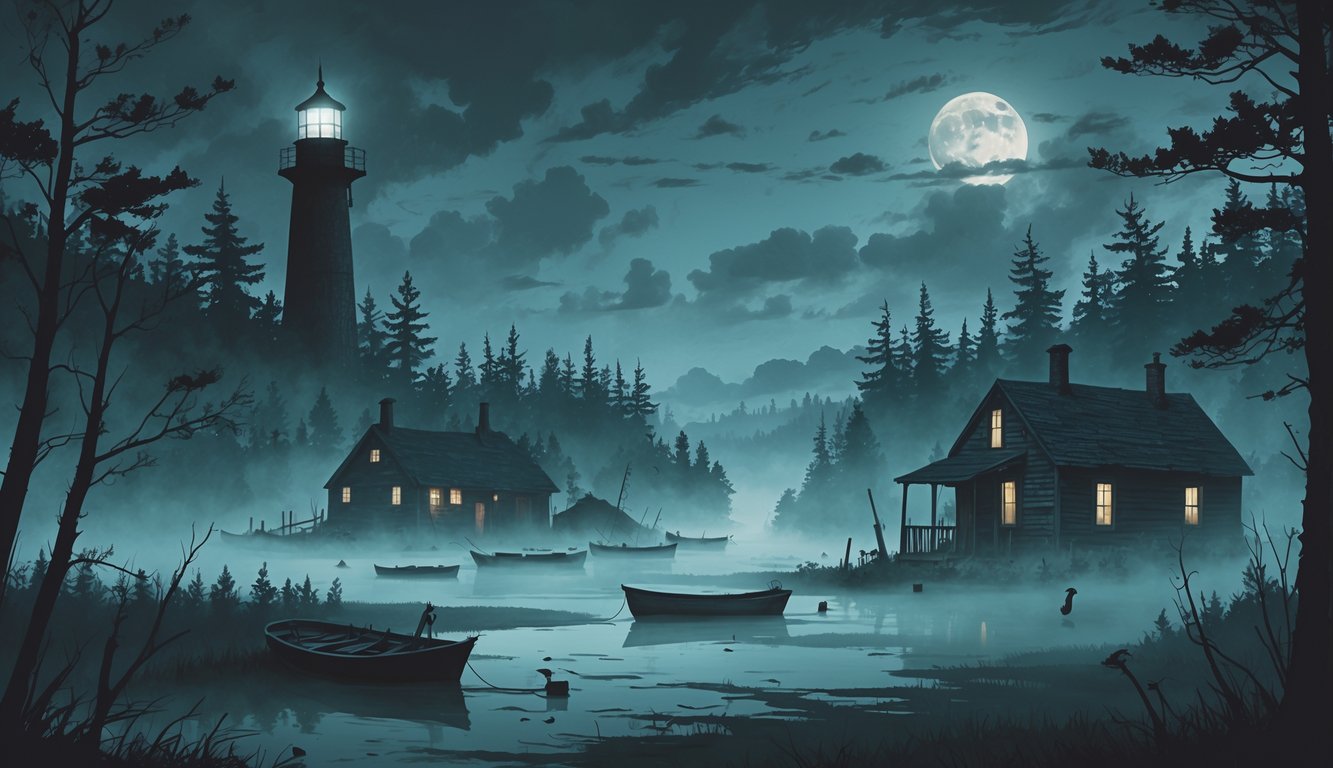 A foggy pine forest in Maine at twilight with an old lighthouse, abandoned fishing village, and a wooden cabin, showing clues like a rusty lantern and footprints leading into the mist.