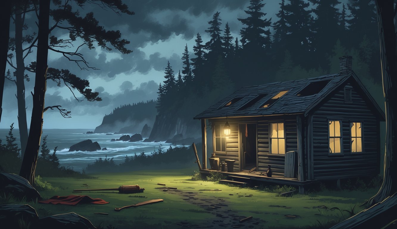 A foggy pine forest at twilight with an old abandoned cabin, scattered clues like a blood-stained fabric and a rusty knife on the ground, and a rocky coastline in the distance.