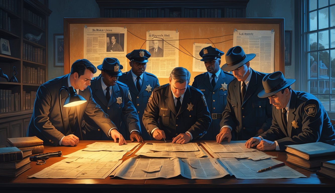 A group of detectives examining old documents and maps around a table with a corkboard of clues behind them, set in a room filled with historical artifacts related to Kentucky.
