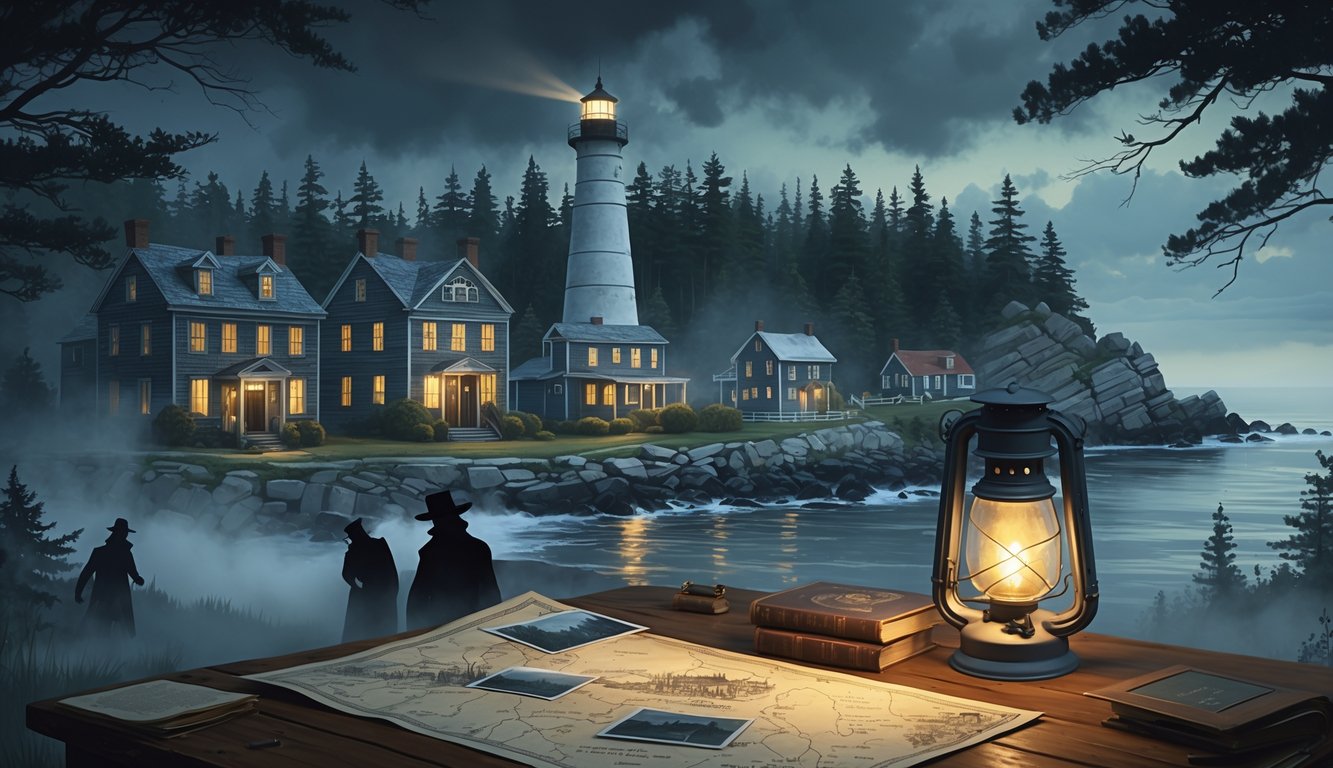 A small coastal town in Maine with old buildings, a lighthouse, foggy pine forests, and an antique map on a table, suggesting historical mysteries.