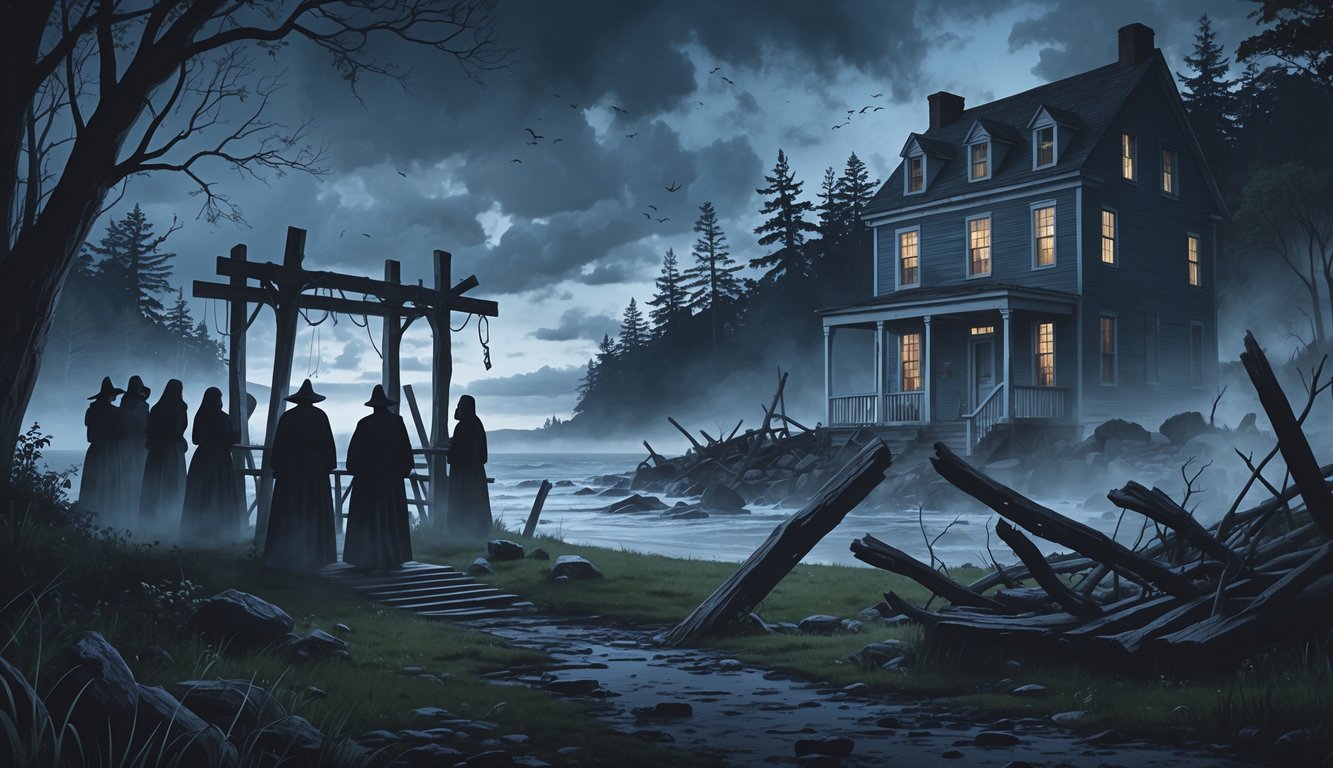 A foggy scene showing figures in Puritan clothing at a scaffold, a buried Native American artifact in a forest, an abandoned shipwreck on a rocky shore, and a large old house with ghostly figures in the windows.