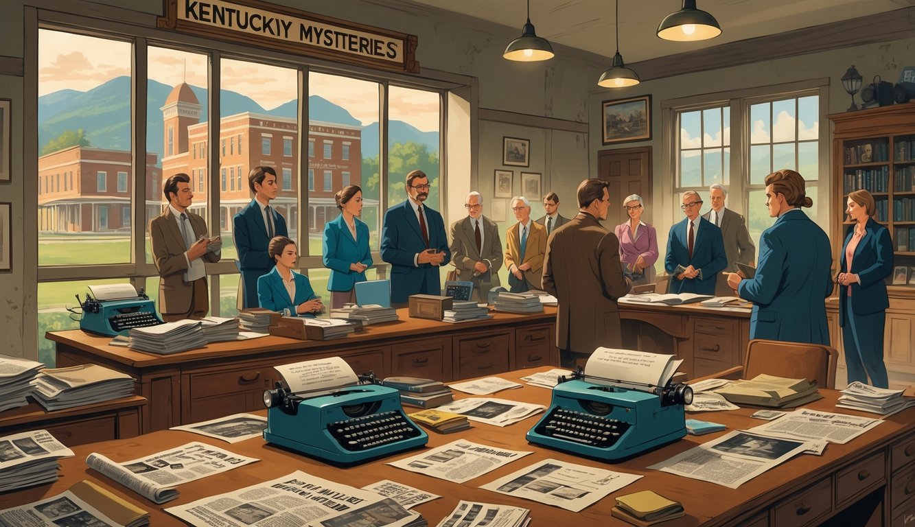 A newsroom with reporters and a community meeting in a town hall where people discuss clues about Kentucky's historical unsolved mysteries.