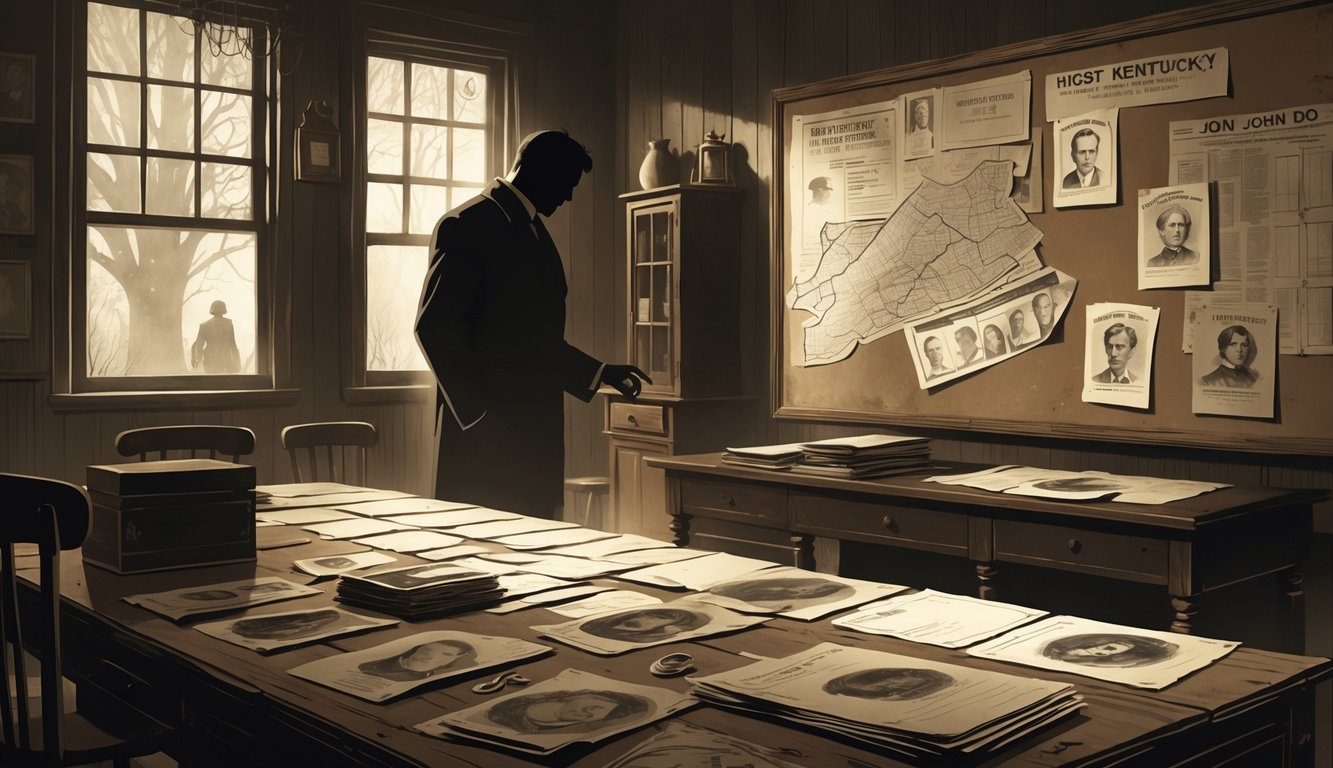 A dimly lit old investigation room with a detective examining evidence on a corkboard filled with photographs, maps, and documents related to unidentified victims and historical mysteries in Kentucky.