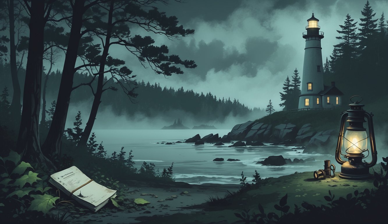 A foggy Maine forest with tall pine trees and a vintage lighthouse on a rocky coast, surrounded by subtle clues like an old notebook and lantern, suggesting historical crime mysteries.