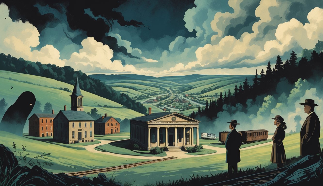 A small Kentucky town with a historic courthouse surrounded by rolling hills, mysterious shadowy figures near a forest, an abandoned train car, and an old artifact, with townspeople observing thoughtfully under a cloudy sky.