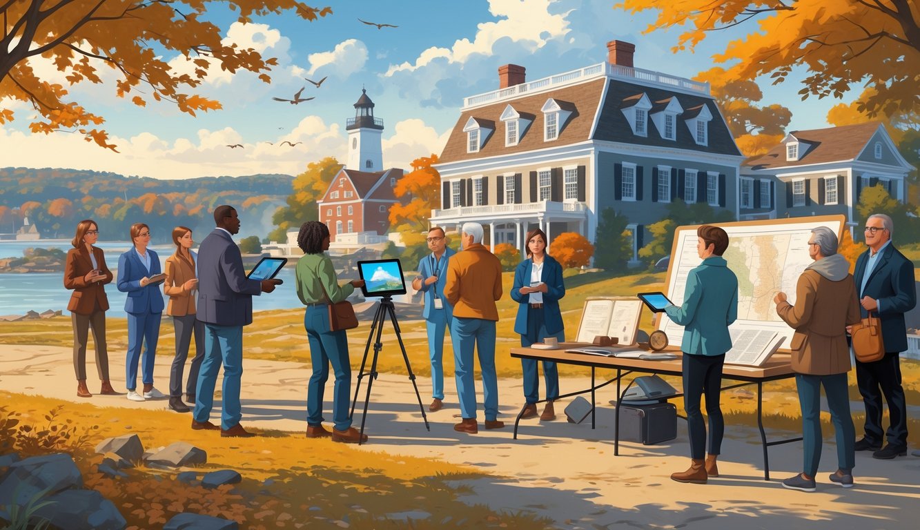 People gathered at a historic Massachusetts site using modern tools to explore and discuss local historical mysteries.