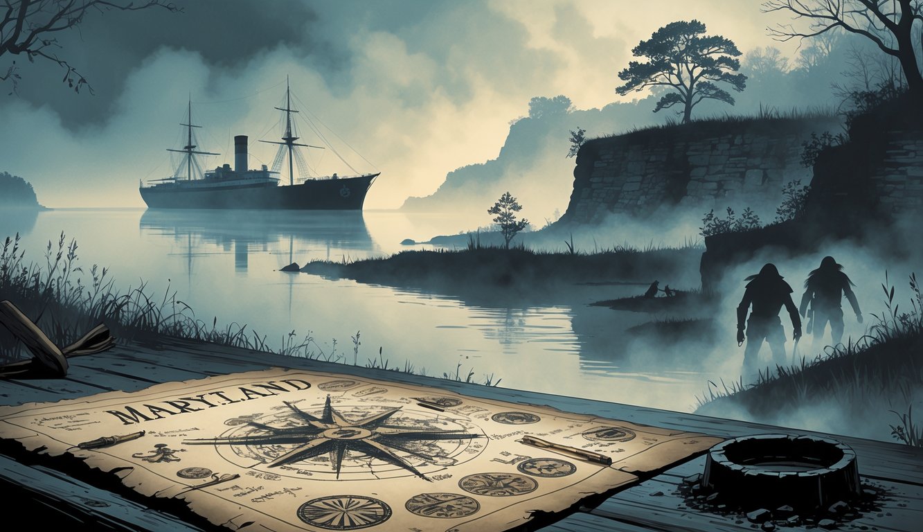 A collage showing Maryland's historical mysteries including a ghostly ship on Chesapeake Bay, an old map with symbols, Native American artifact in soil, Civil War battlefield ruins with faint soldier figures, and cliffs with a shadowy prehistoric creature in the water.