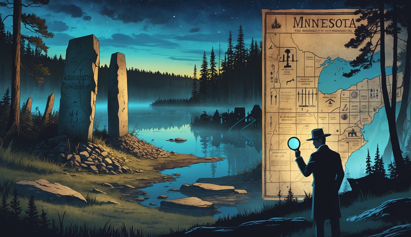 A collage showing mysterious stone structures, a Native American spirit by a misty lake, an old map with symbols, a detective examining artifacts near a river, and ghostly cabins in a pine forest under northern lights.