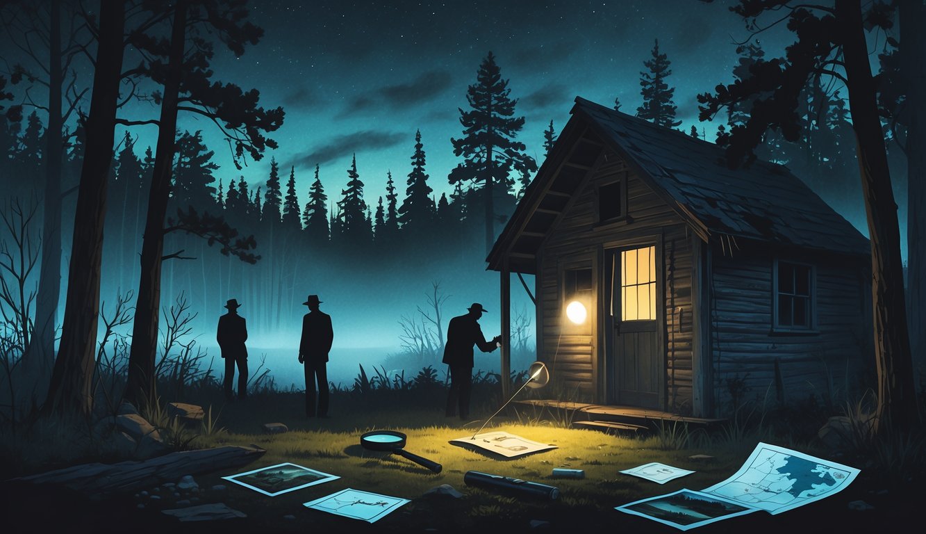 A foggy Minnesota forest at twilight with a wooden cabin, scattered clues, and investigators examining evidence.