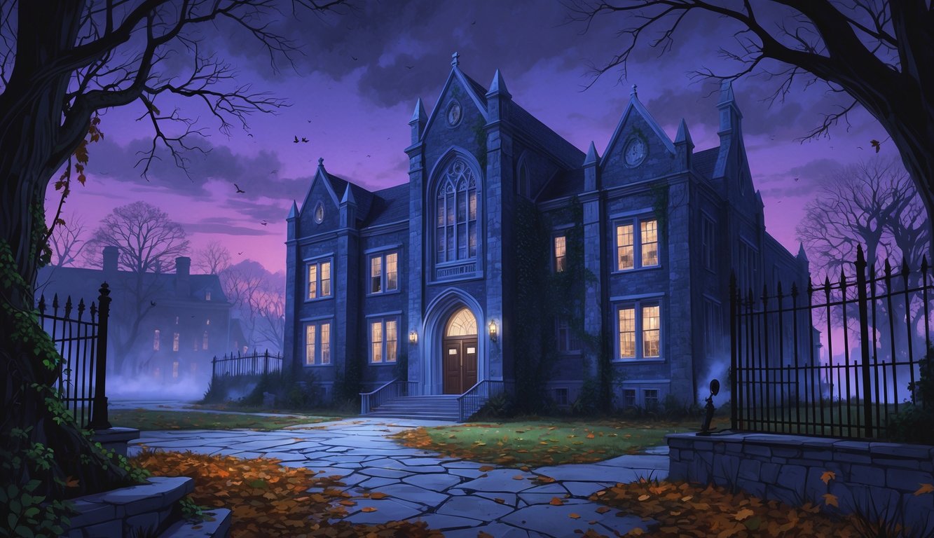 An old, gothic-style high school building at twilight surrounded by mist, bare trees, and overgrown ivy, with faint ghostly figures near the windows.