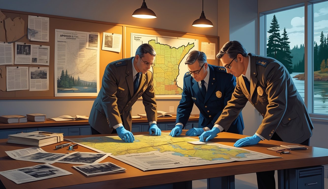 Investigators examining evidence and clues in a crime investigation room with maps and photographs related to historical mysteries in Minnesota.